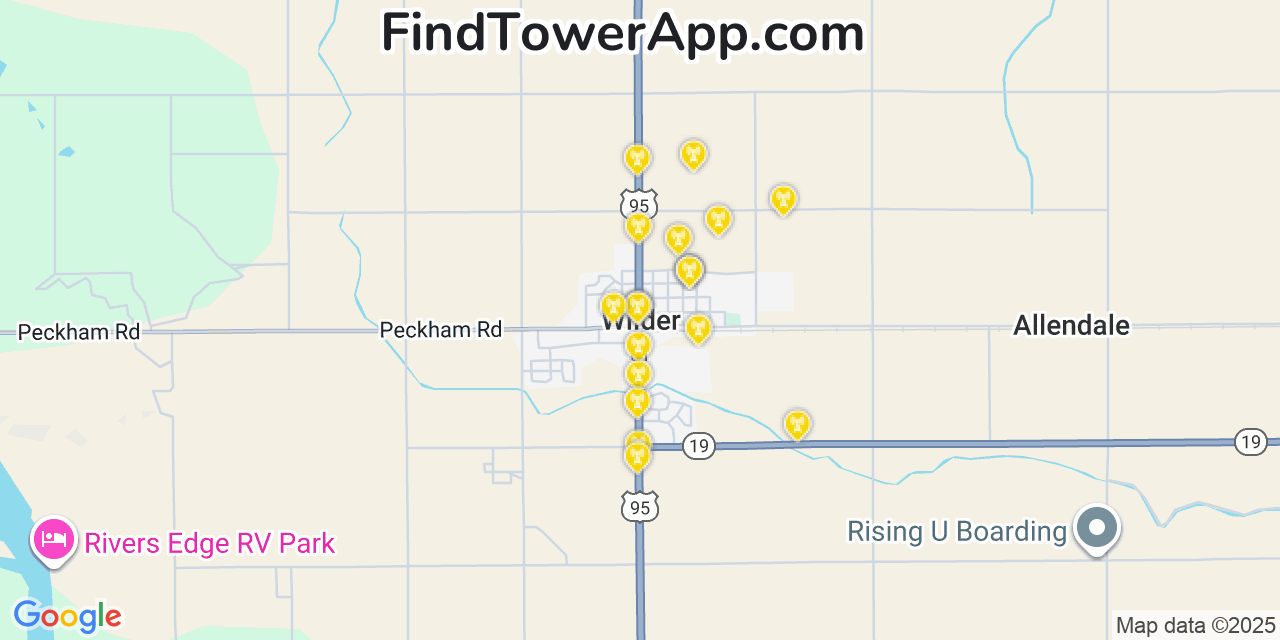Map showing the 20 primary cell tower locations detected in Wilder, Idaho from AT&T, Verizon, and T-Mobile networks