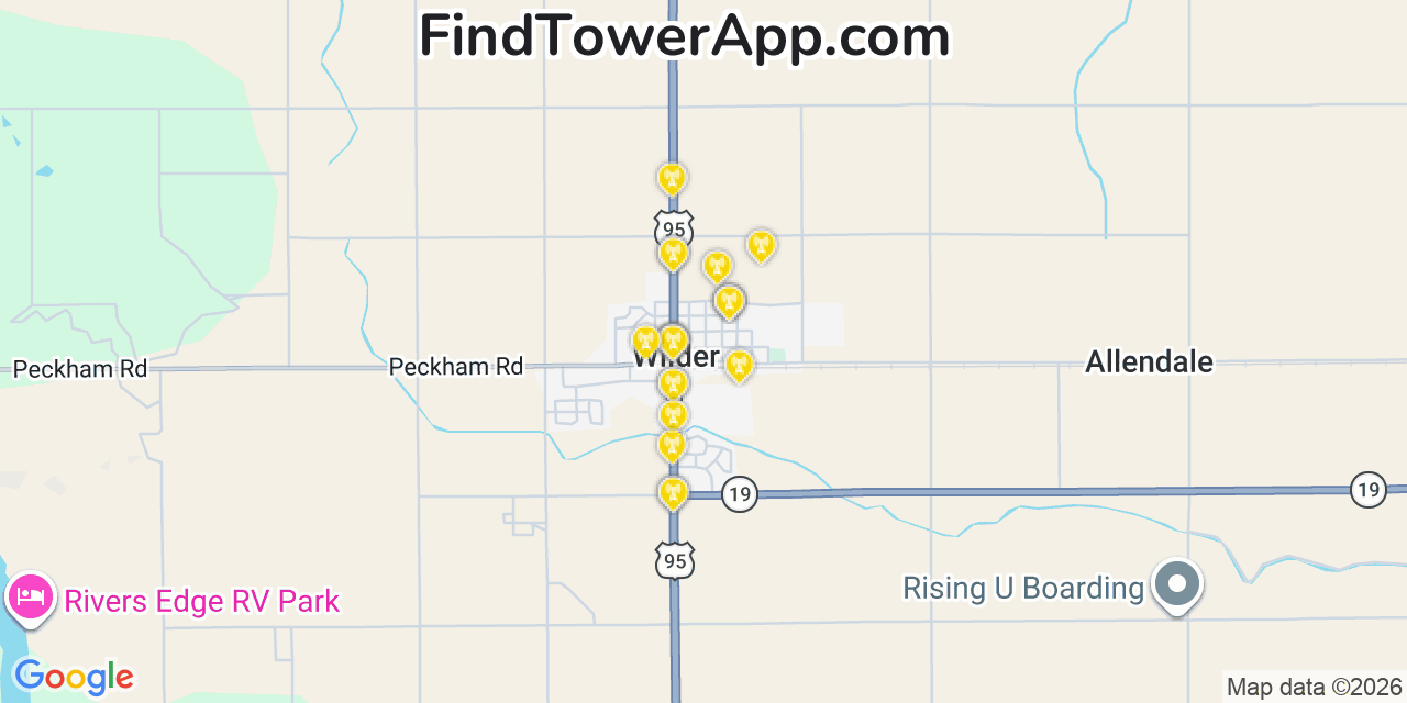 Map showing the 20 primary cell tower locations detected in Wilder, Idaho from AT&T, Verizon, and T-Mobile networks