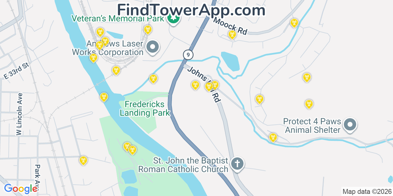 Map showing the 20 primary cell tower locations detected in Wilder, Kentucky from AT&T, Verizon, and T-Mobile networks