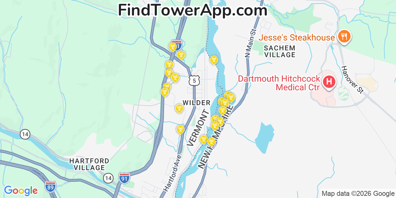 Map showing the 20 primary cell tower locations detected in Wilder, Vermont from AT&T, Verizon, and T-Mobile networks