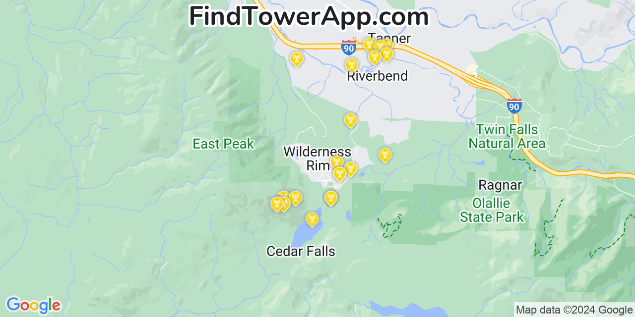 AT&T 4G/5G cell tower coverage map Wilderness Rim, Washington