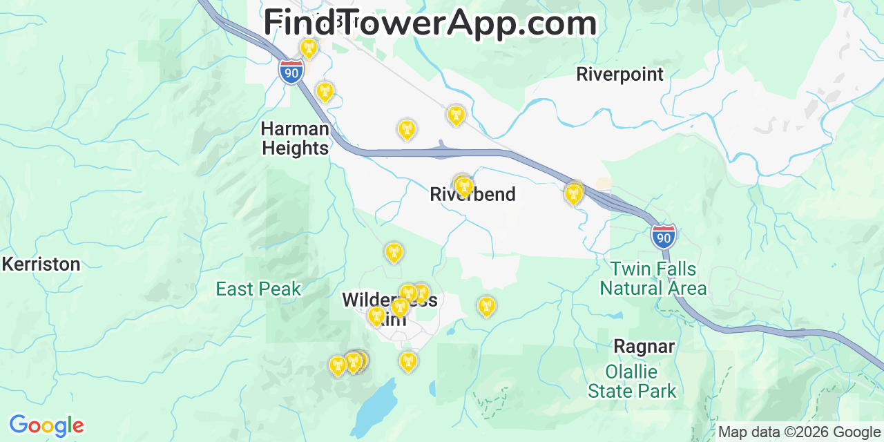 Map showing the 20 primary cell tower locations detected in Wilderness Rim, Washington from AT&T, Verizon, and T-Mobile networks