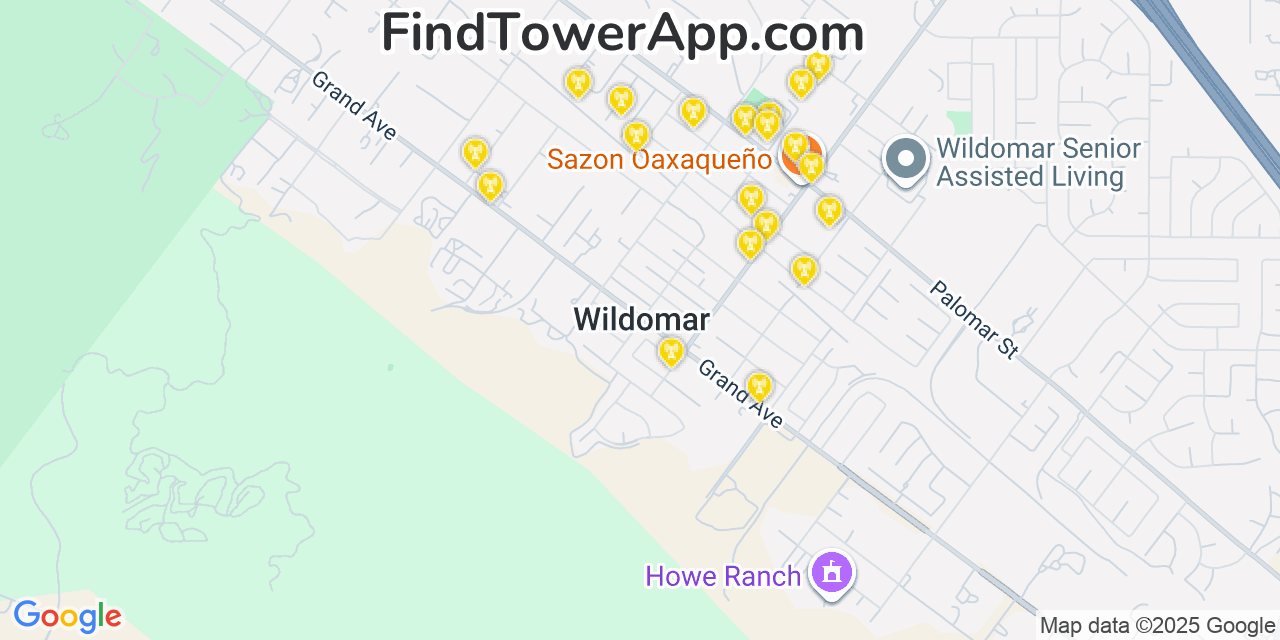 Map showing the 20 primary cell tower locations detected in Wildomar, California from AT&T, Verizon, and T-Mobile networks