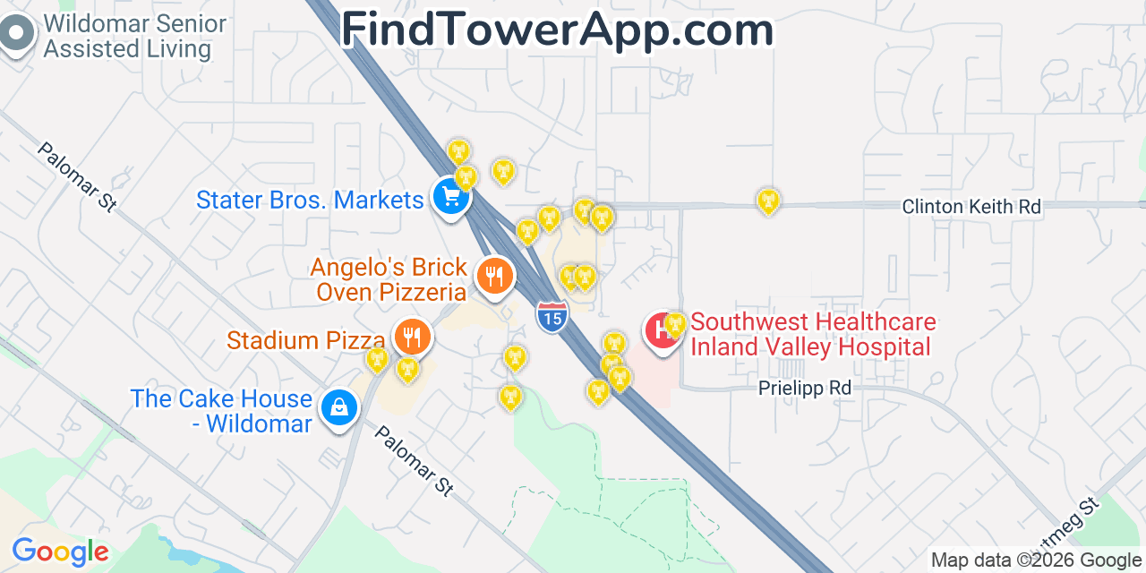 Map showing the 20 primary cell tower locations detected in Wildomar, California from AT&T, Verizon, and T-Mobile networks