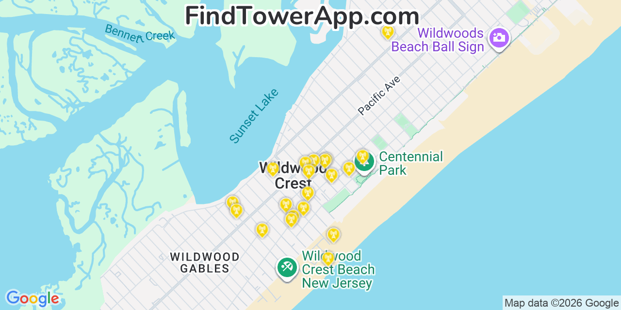 Map showing the 20 primary cell tower locations detected in Wildwood Crest, New Jersey from AT&T, Verizon, and T-Mobile networks