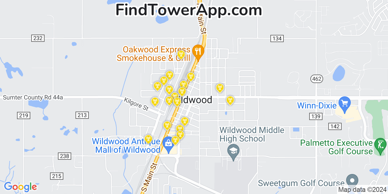 AT&T 4G/5G cell tower coverage map Wildwood, Florida