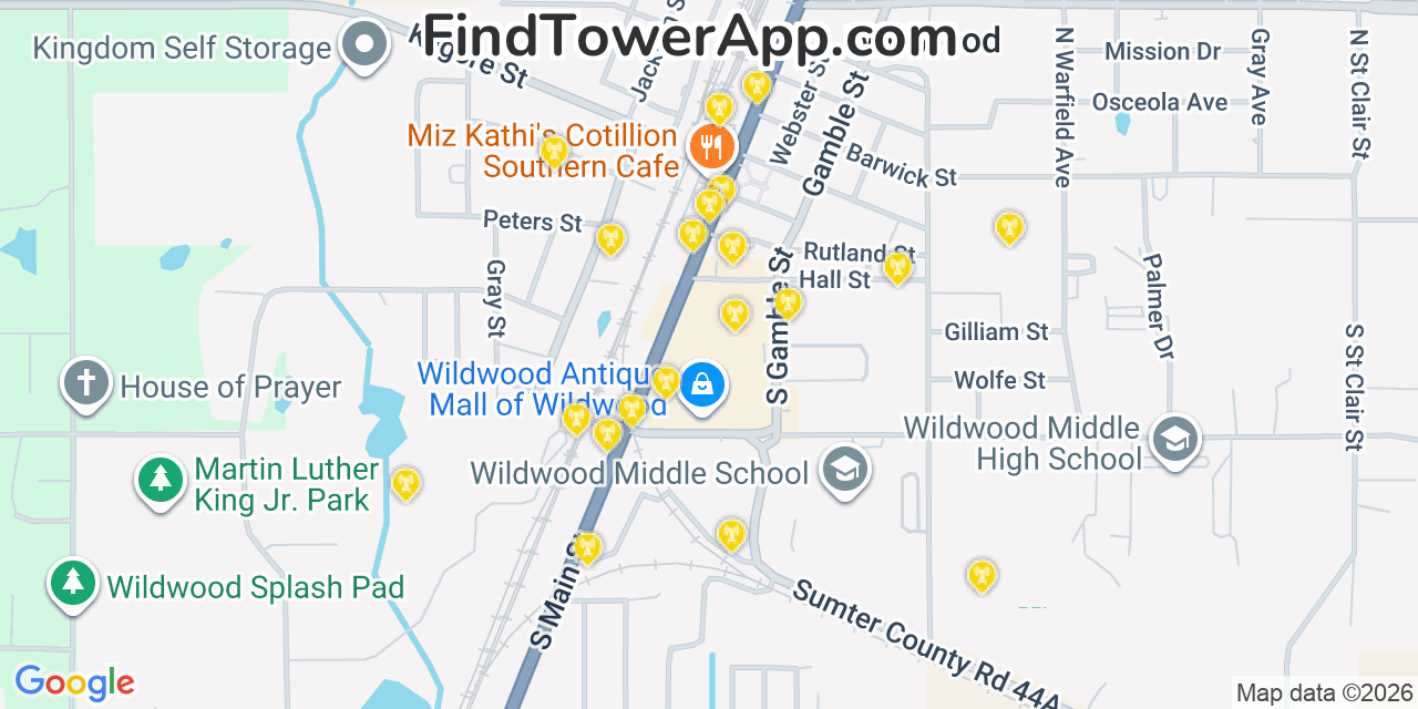 Map showing the 20 primary cell tower locations detected in Wildwood, Florida from AT&T, Verizon, and T-Mobile networks