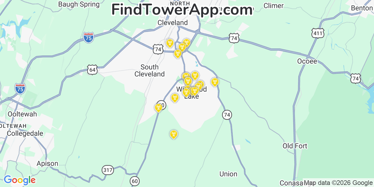 Map showing the 20 primary cell tower locations detected in Wildwood Lake, Tennessee from AT&T, Verizon, and T-Mobile networks