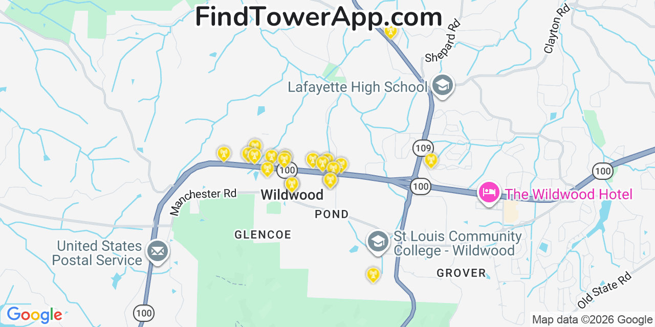 Map showing the 20 primary cell tower locations detected in Wildwood, Missouri from AT&T, Verizon, and T-Mobile networks
