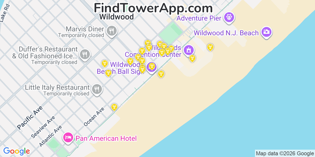 Map showing the 20 primary cell tower locations detected in Wildwood, New Jersey from AT&T, Verizon, and T-Mobile networks