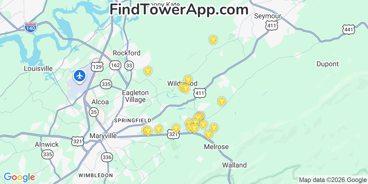 Map showing the 20 primary cell tower locations detected in Wildwood, Tennessee from AT&T, Verizon, and T-Mobile networks