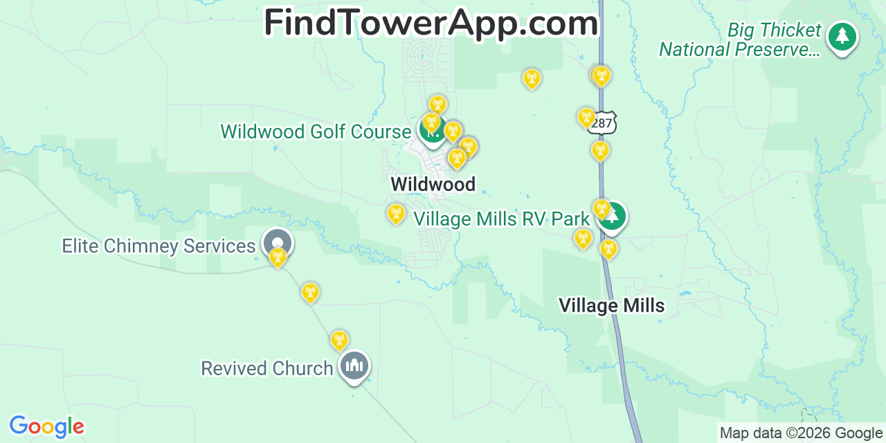 Map showing the 20 primary cell tower locations detected in Wildwood, Texas from AT&T, Verizon, and T-Mobile networks