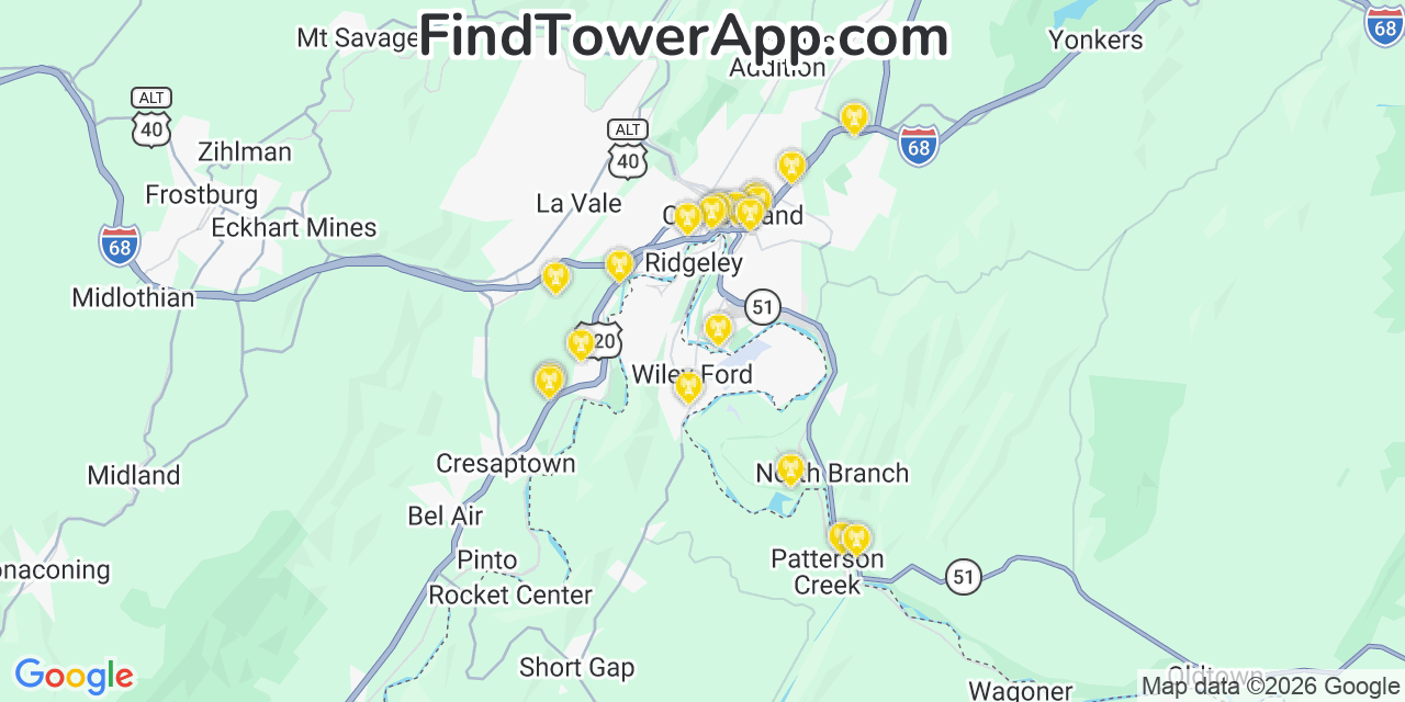 Map showing the 20 primary cell tower locations detected in Wiley Ford, West Virginia from AT&T, Verizon, and T-Mobile networks