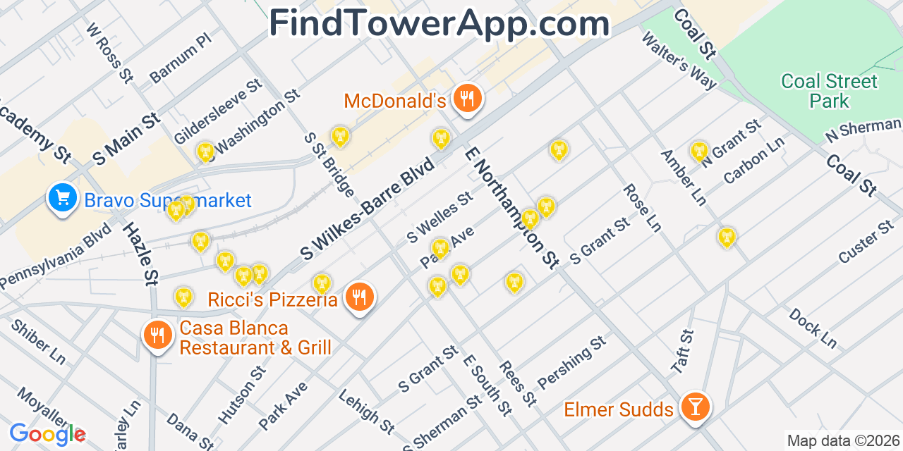 Map showing the 20 primary cell tower locations detected in Wilkes Barre, Pennsylvania from AT&T, Verizon, and T-Mobile networks