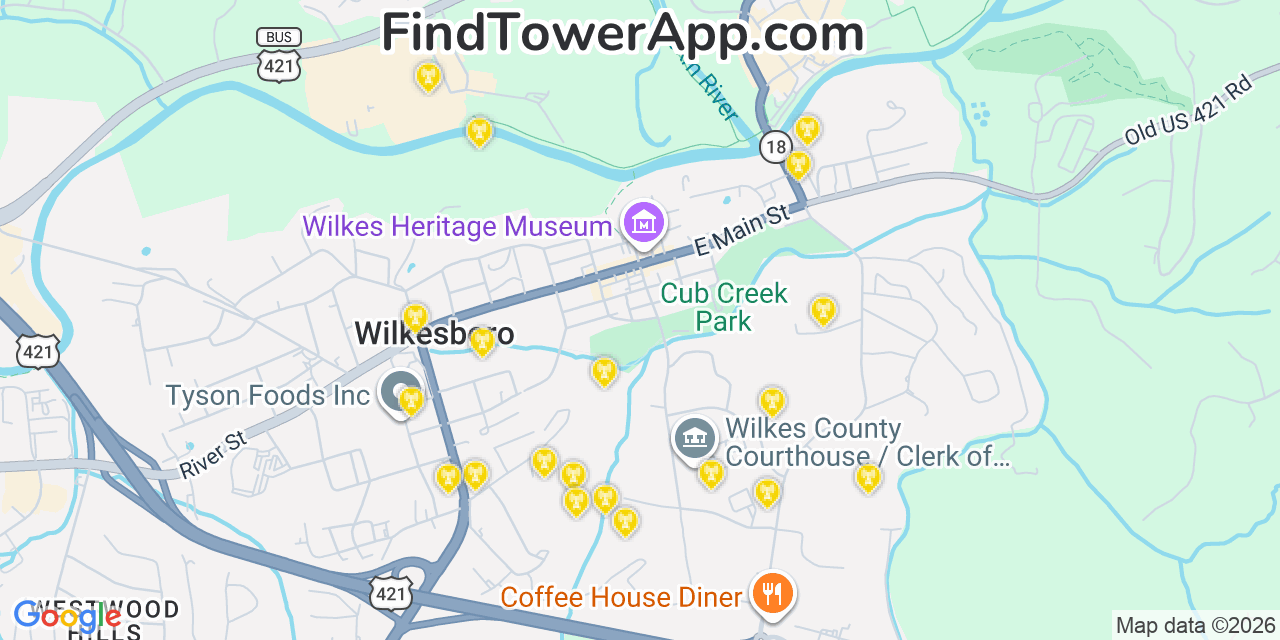 Map showing the 20 primary cell tower locations detected in Wilkesboro, North Carolina from AT&T, Verizon, and T-Mobile networks