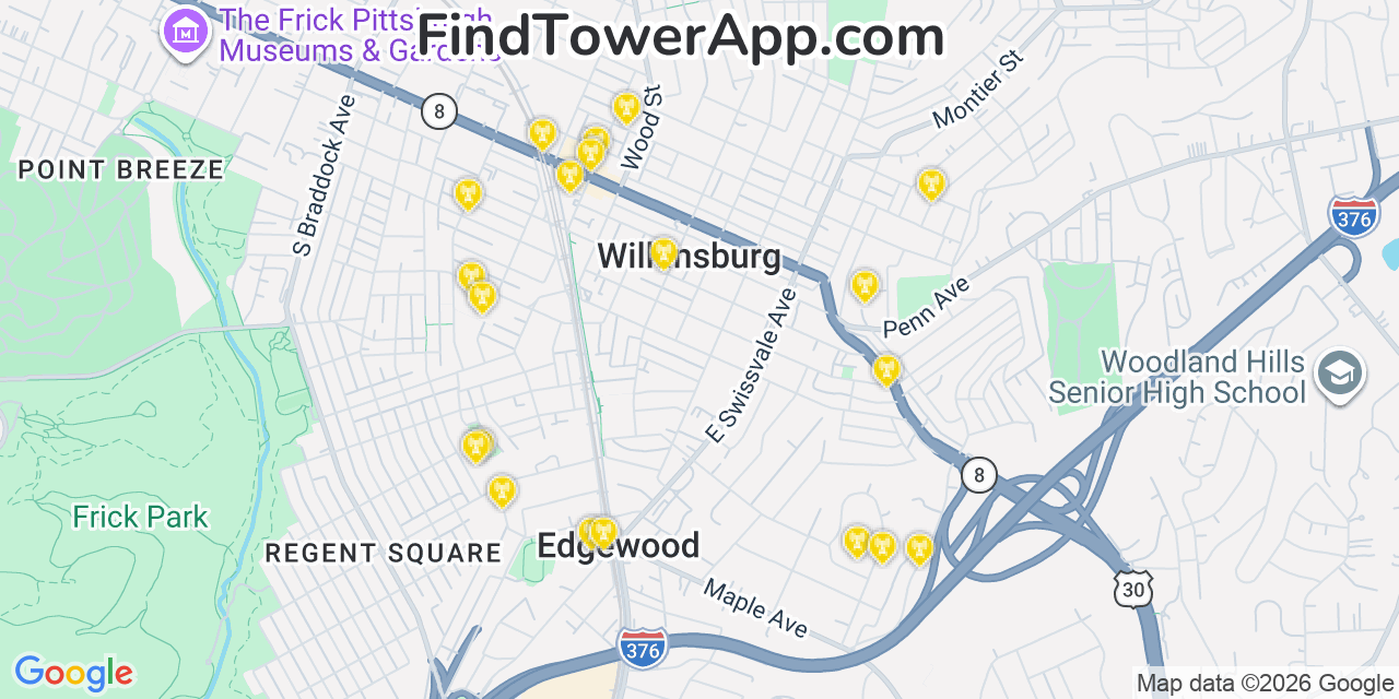 Map showing the 20 primary cell tower locations detected in Wilkinsburg, Pennsylvania from AT&T, Verizon, and T-Mobile networks