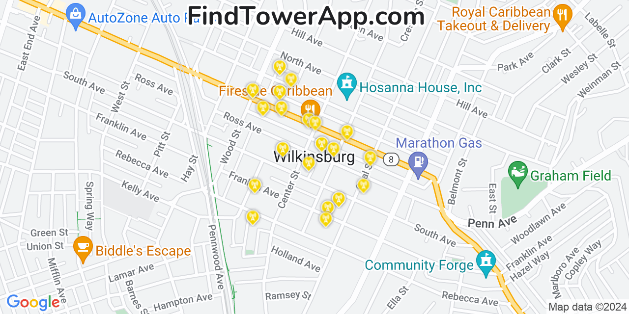 Verizon 4G/5G cell tower coverage map Wilkinsburg, Pennsylvania