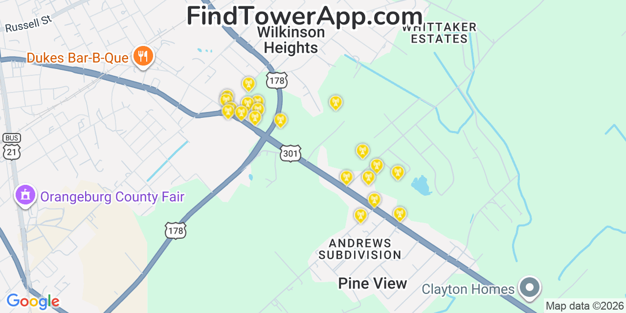 Map showing the 20 primary cell tower locations detected in Wilkinson Heights, South Carolina from AT&T, Verizon, and T-Mobile networks