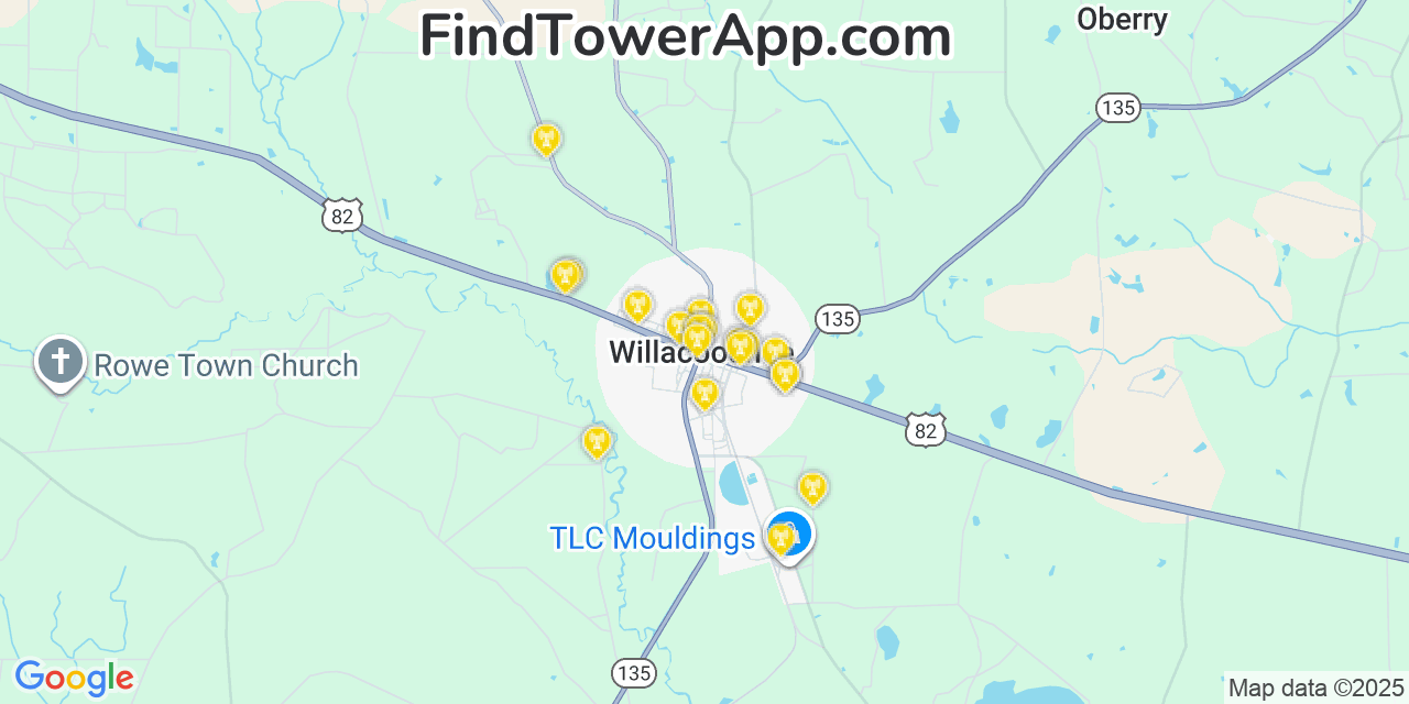 Map showing the 20 primary cell tower locations detected in Willacoochee, Georgia from AT&T, Verizon, and T-Mobile networks