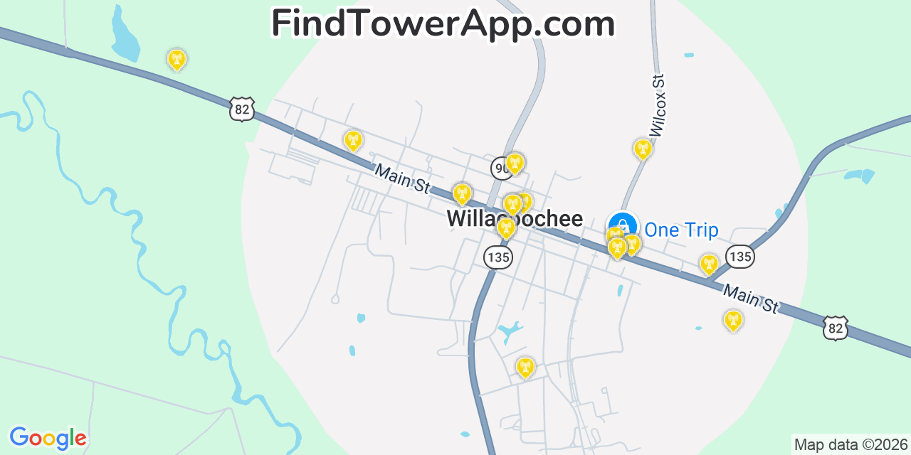 Map showing the 20 primary cell tower locations detected in Willacoochee, Georgia from AT&T, Verizon, and T-Mobile networks