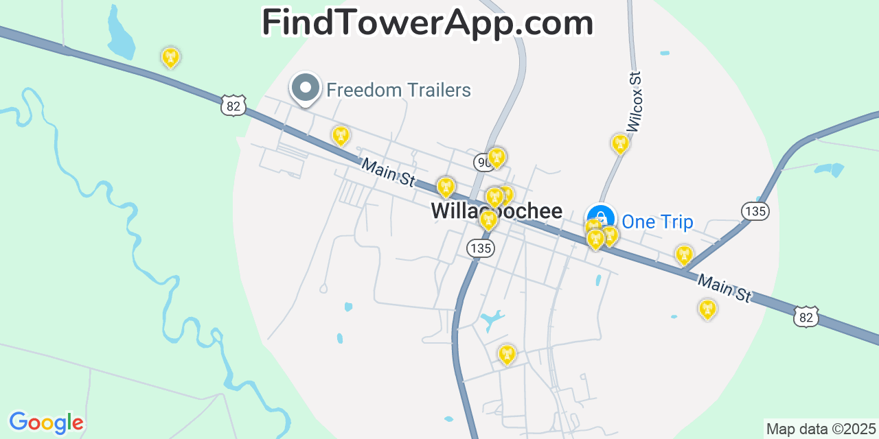 Map showing the 20 primary Mobitel cell tower locations detected in Willacoochee, Georgia with coverage radius and signal strength indicators