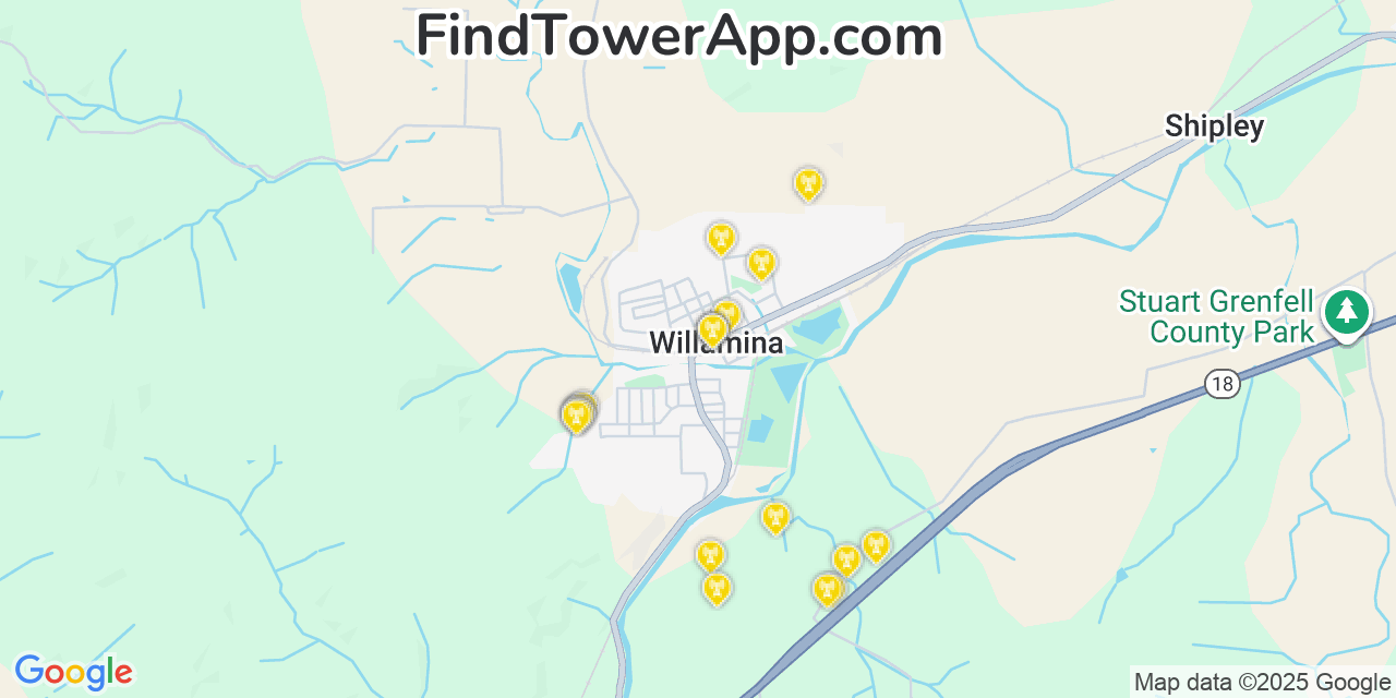 Map showing the 20 primary cell tower locations detected in Willamina, Oregon from AT&T, Verizon, and T-Mobile networks