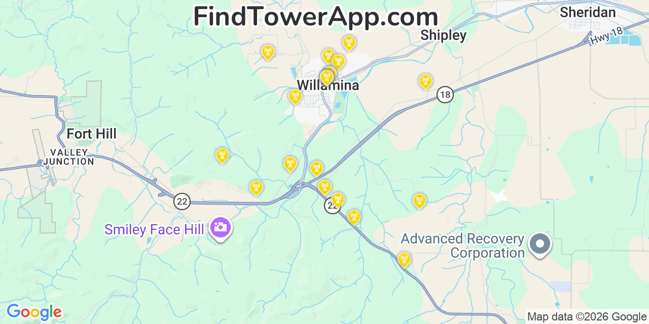Map showing the 20 primary cell tower locations detected in Willamina, Oregon from AT&T, Verizon, and T-Mobile networks