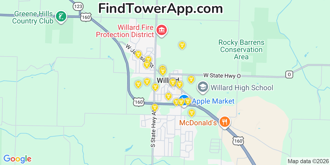Map showing the 20 primary cell tower locations detected in Willard, Missouri from AT&T, Verizon, and T-Mobile networks
