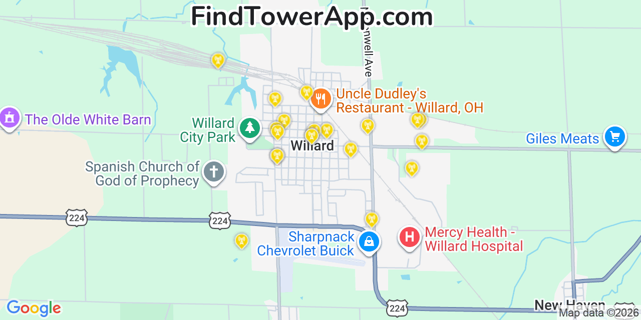 Map showing the 20 primary cell tower locations detected in Willard, Ohio from AT&T, Verizon, and T-Mobile networks