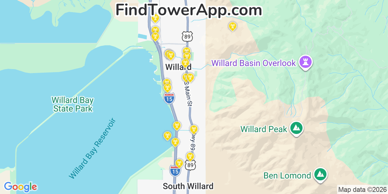 Map showing the 20 primary cell tower locations detected in Willard, Utah from AT&T, Verizon, and T-Mobile networks