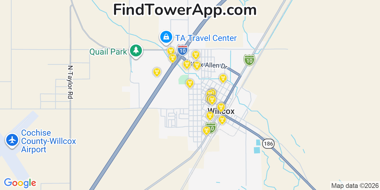 Map showing the 20 primary cell tower locations detected in Willcox, Arizona from AT&T, Verizon, and T-Mobile networks