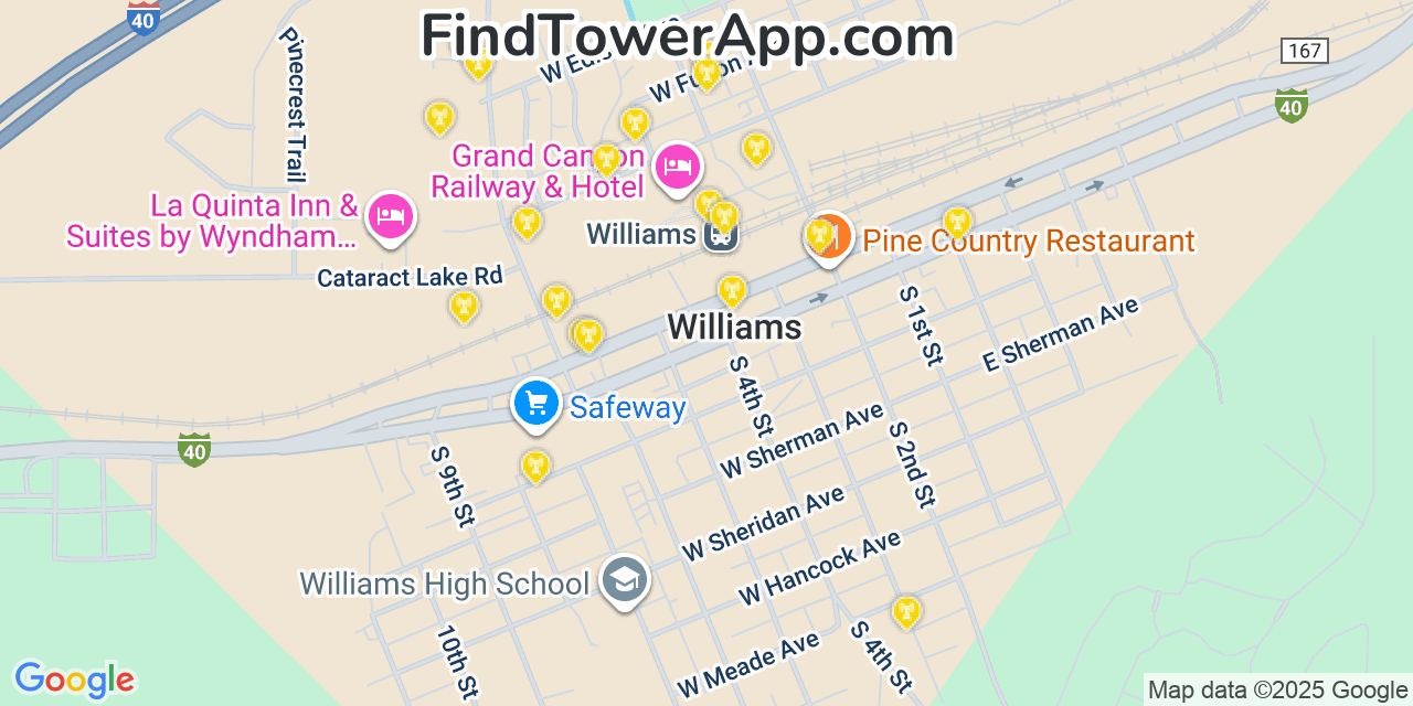 Map showing the 20 primary cell tower locations detected in Williams, Arizona from AT&T, Verizon, and T-Mobile networks