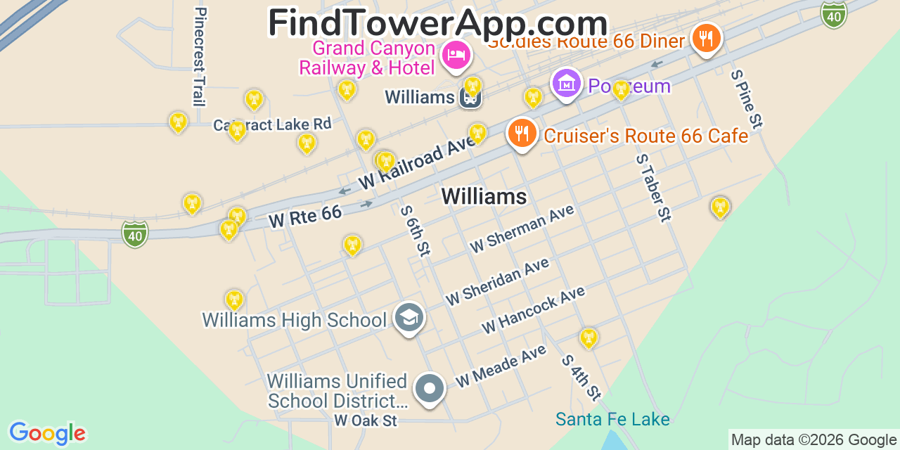 Map showing the 20 primary cell tower locations detected in Williams, Arizona from AT&T, Verizon, and T-Mobile networks