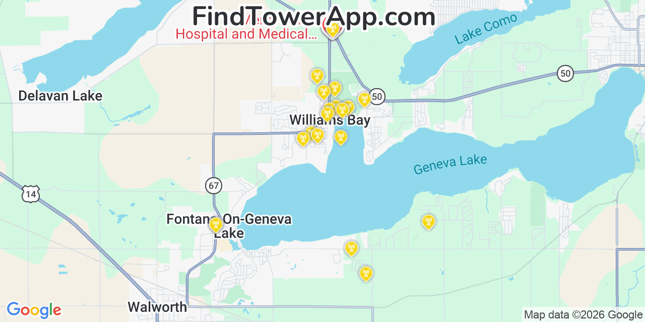 Map showing the 20 primary cell tower locations detected in Williams Bay, Wisconsin from AT&T, Verizon, and T-Mobile networks
