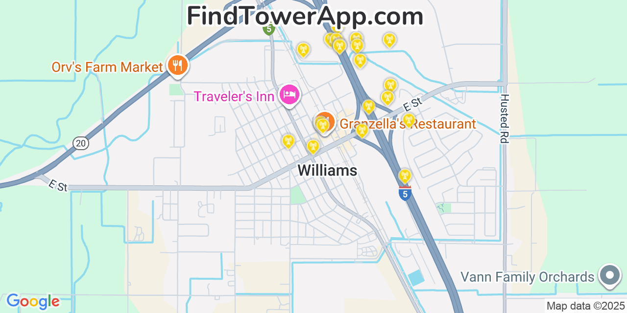 Map showing the 20 primary cell tower locations detected in Williams, California from AT&T, Verizon, and T-Mobile networks