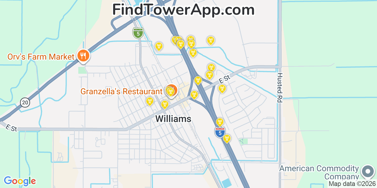 Map showing the 20 primary cell tower locations detected in Williams, California from AT&T, Verizon, and T-Mobile networks
