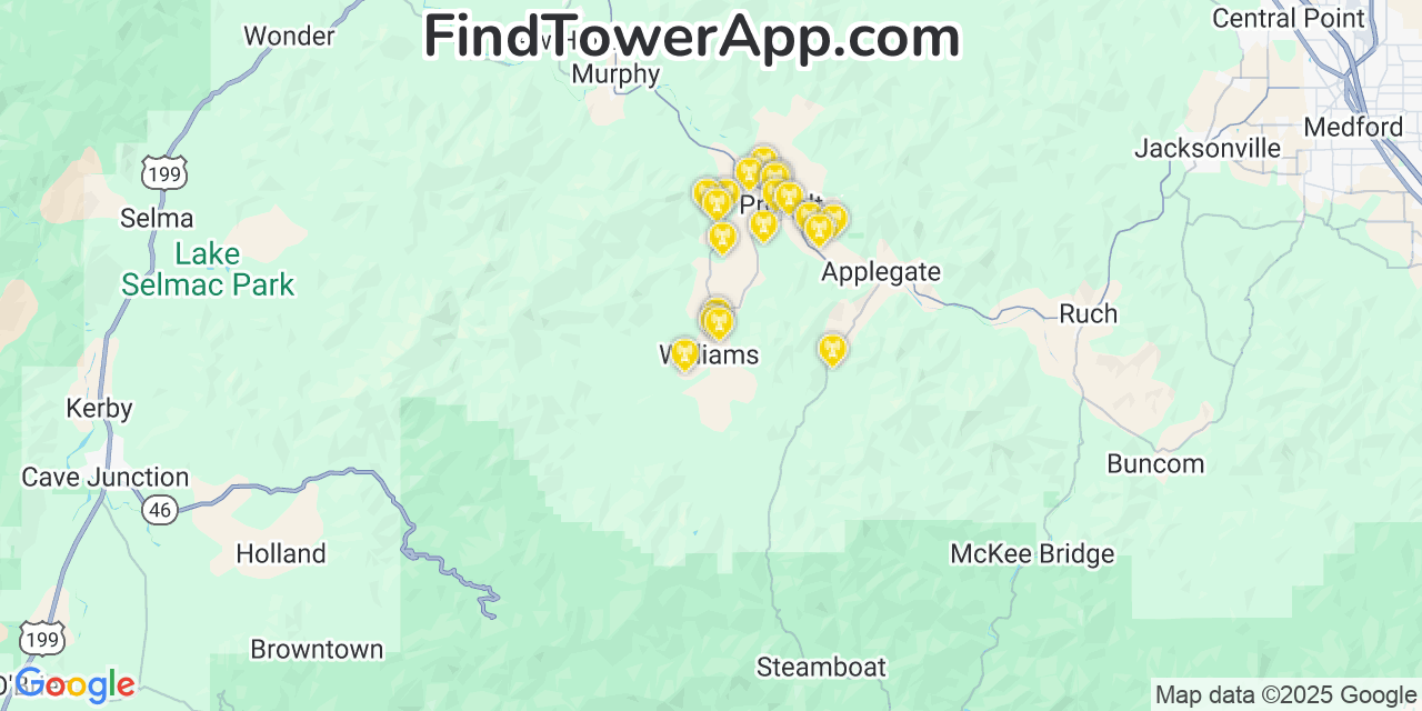 Map showing the 20 primary cell tower locations detected in Williams, Oregon from AT&T, Verizon, and T-Mobile networks