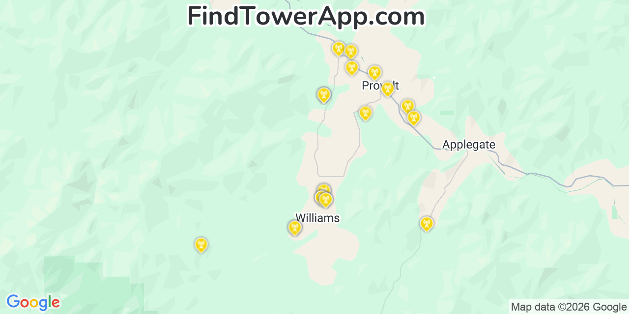 Map showing the 20 primary cell tower locations detected in Williams, Oregon from AT&T, Verizon, and T-Mobile networks