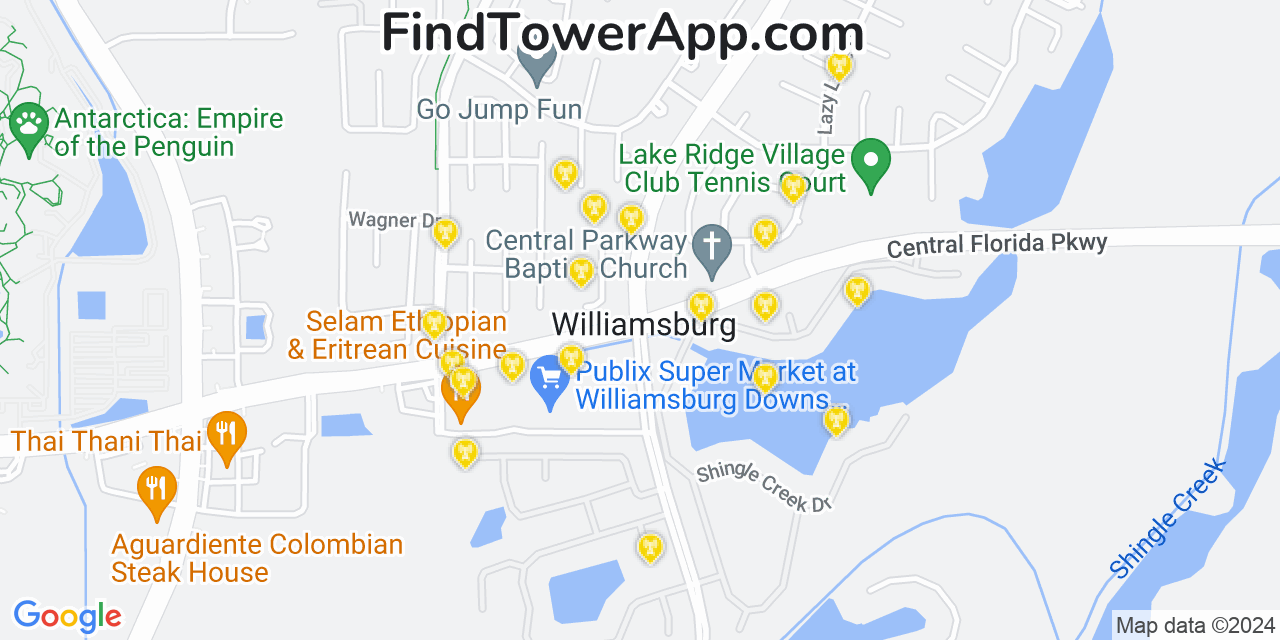 AT&T 4G/5G cell tower coverage map Williamsburg, Florida