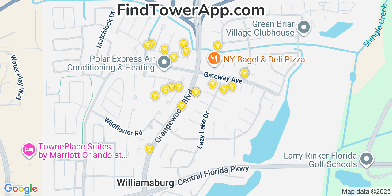 Map showing the 20 primary cell tower locations detected in Williamsburg, Florida from AT&T, Verizon, and T-Mobile networks