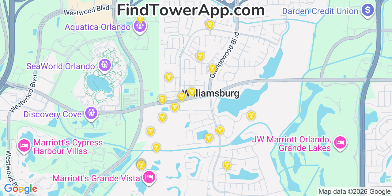 Map showing the 20 primary cell tower locations detected in Williamsburg, Florida from AT&T, Verizon, and T-Mobile networks