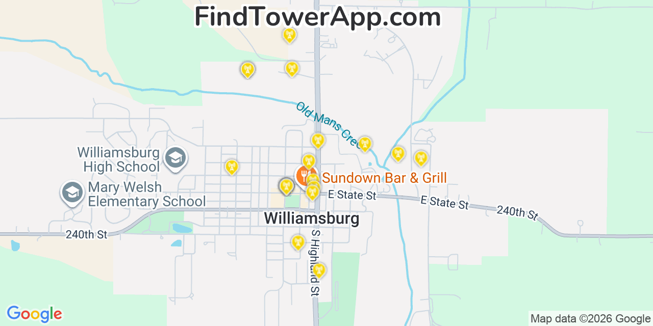 Map showing the 20 primary cell tower locations detected in Williamsburg, Iowa from AT&T, Verizon, and T-Mobile networks