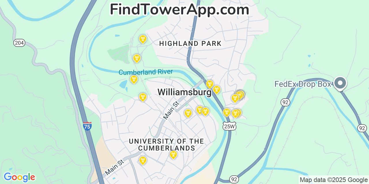Map showing the 20 primary cell tower locations detected in Williamsburg, Kentucky from AT&T, Verizon, and T-Mobile networks