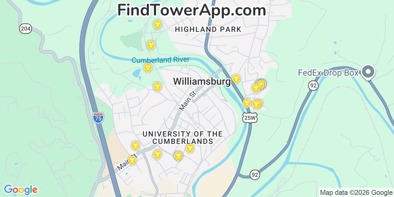 Map showing the 20 primary cell tower locations detected in Williamsburg, Kentucky from AT&T, Verizon, and T-Mobile networks