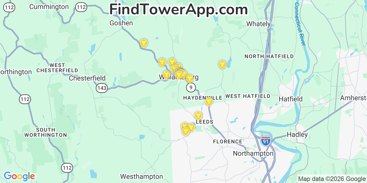 Map showing the 20 primary cell tower locations detected in Williamsburg, Massachusetts from AT&T, Verizon, and T-Mobile networks