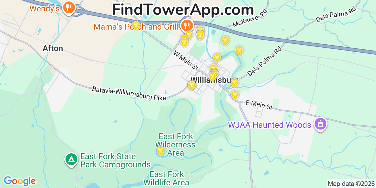 Map showing the 20 primary cell tower locations detected in Williamsburg, Ohio from AT&T, Verizon, and T-Mobile networks