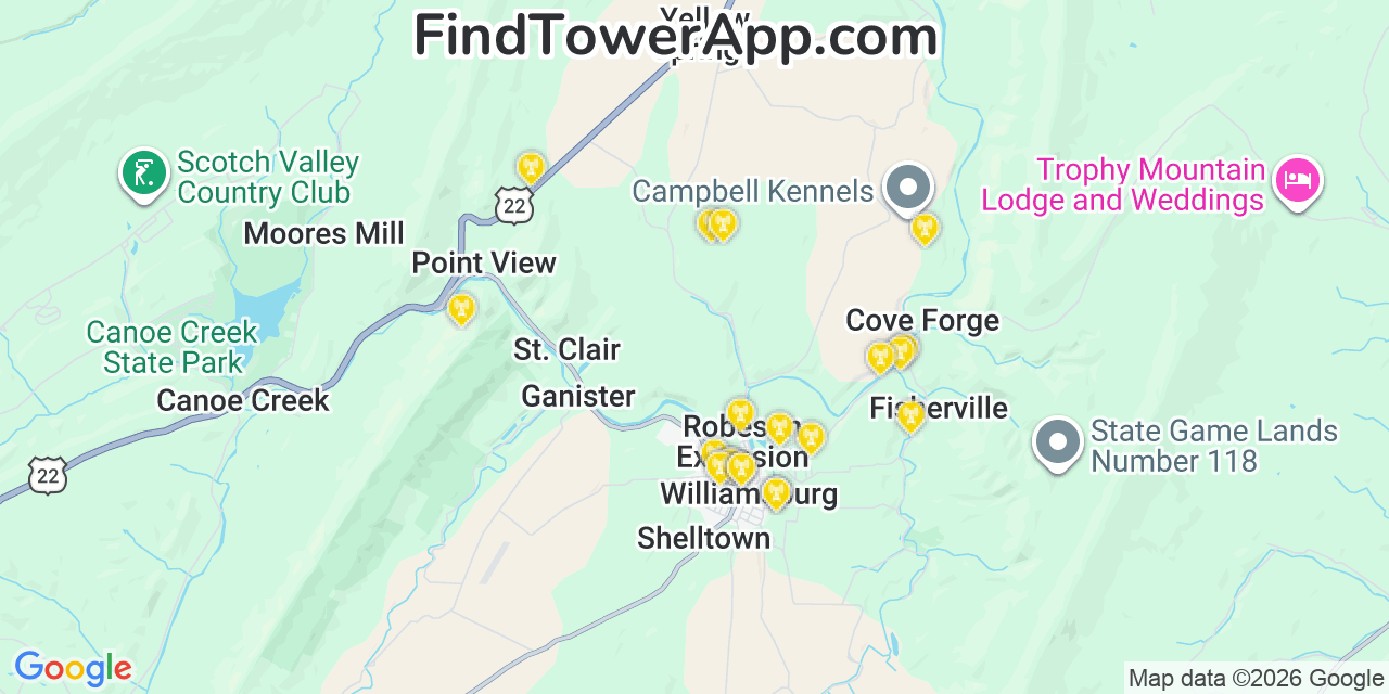 Map showing the 20 primary cell tower locations detected in Williamsburg, Pennsylvania from AT&T, Verizon, and T-Mobile networks