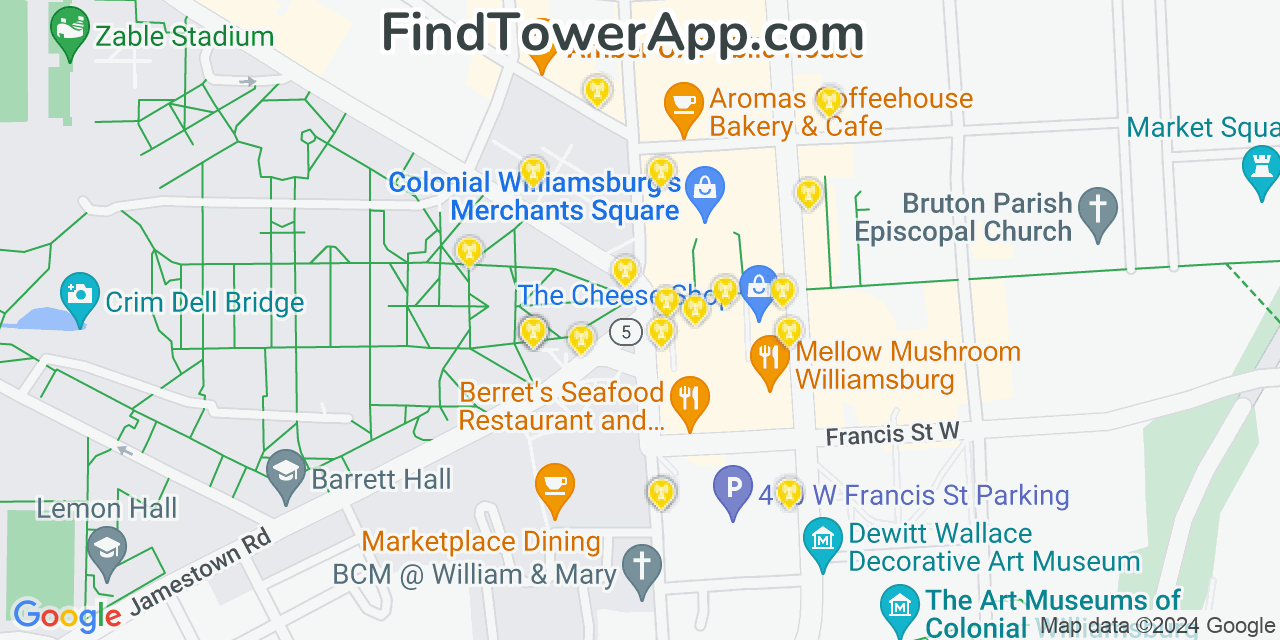 AT&T 4G/5G cell tower coverage map Williamsburg, Virginia