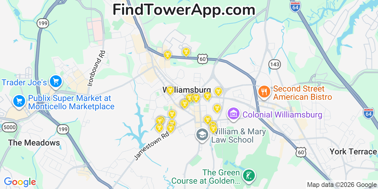 Map showing the 20 primary cell tower locations detected in Williamsburg, Virginia from AT&T, Verizon, and T-Mobile networks