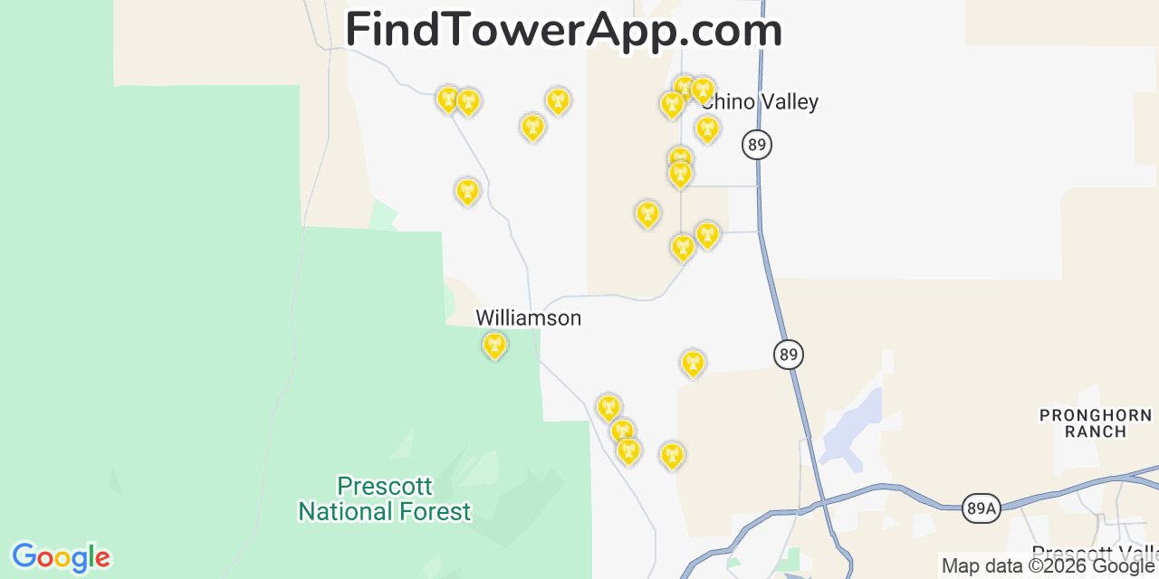 Map showing the 20 primary cell tower locations detected in Williamson, Arizona from AT&T, Verizon, and T-Mobile networks